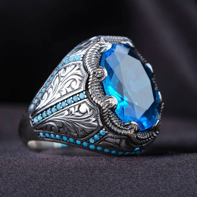 Nhẫn Thép Titan Đính Đá Zircon Xanh Dương Phong Cách Punk Thời Trang Cho Nam