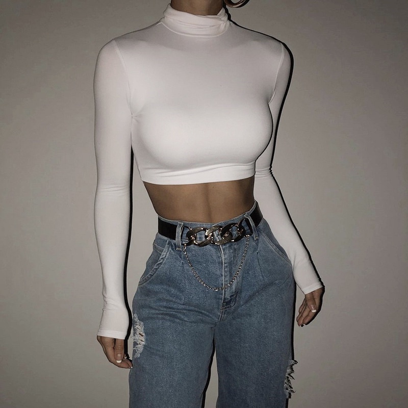 Áo Croptop Cổ Lọ Màu Trơn Co Giãn Thời Trang Đường Phố Mùa Thu Cho Nữ
