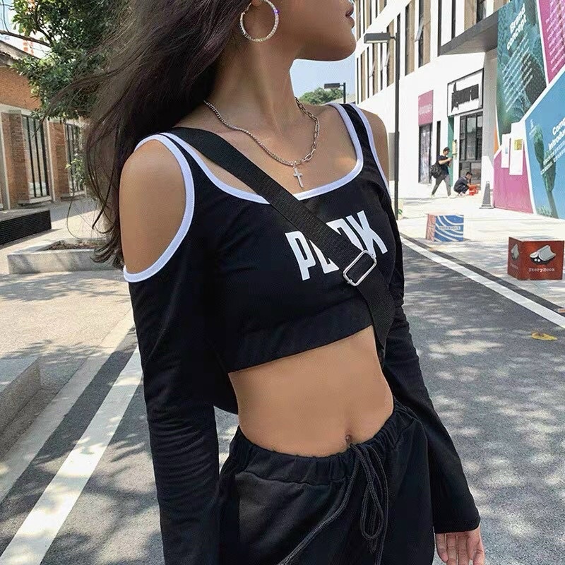 [Hot] ÁO KIỂU HỞ VAI VIỀN IN CHỮ PUNK CHẤT BORIP CO GIÃN TAY DÀI CHIZISHOP P001