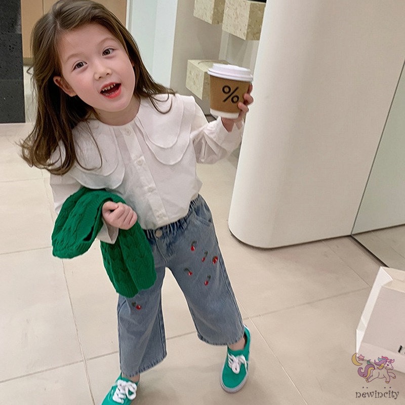 Quần Jean Dài Dáng Suông Rộng Lưng Thun Thêu Hình Cherry Kiểu Hàn Quốc Dễ Thương Cho Bé Gái