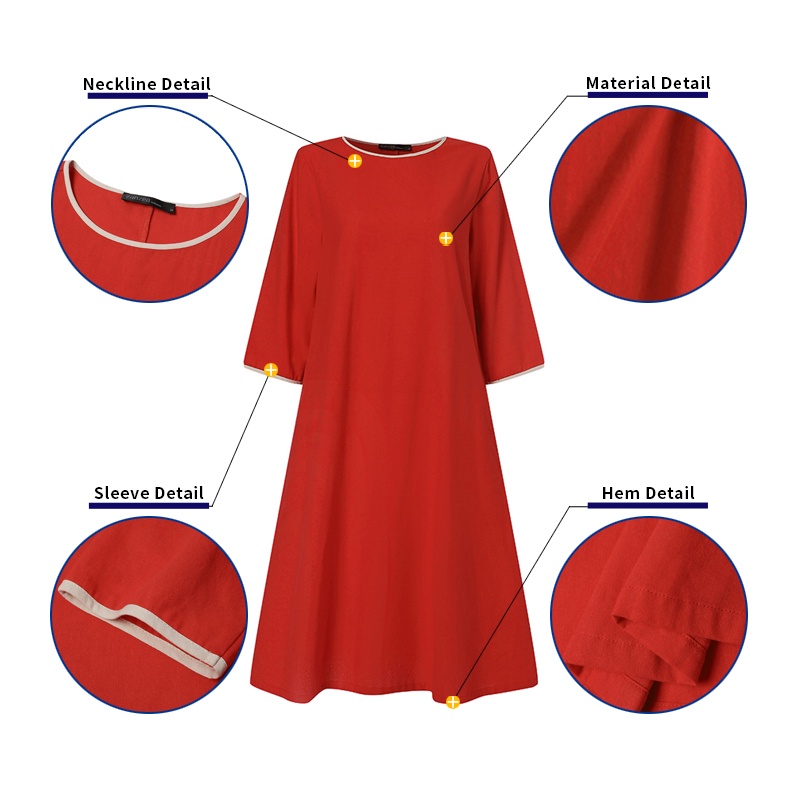 Đầm midi ZANZEA tay lửng cổ tròn màu trơn thời trang mùa hè cho nữ