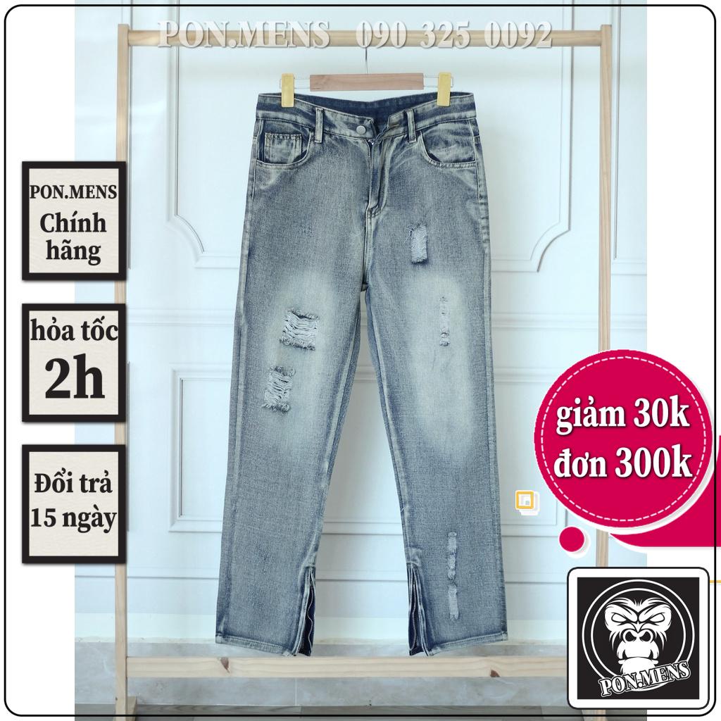 Quần jean ống suông rộng nam nữ unisex khóa zip ống rách gối màu xanh bạc nhạt đẹp mới hà nội hcm n222 Pon.mens