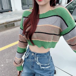 Áo Len kẻ xanh dáng croptop
