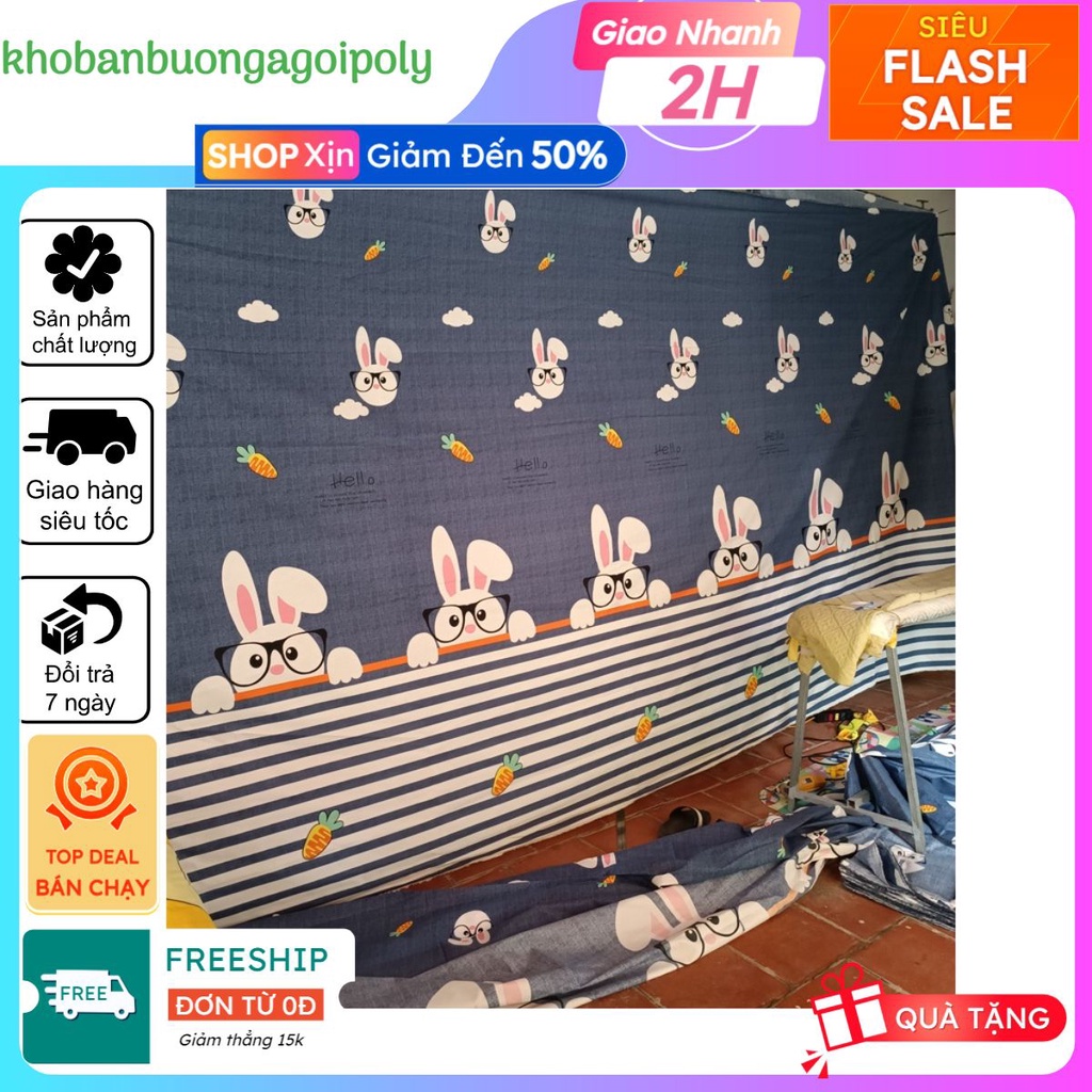 Vải may ga giường chất cotton poly khổ rộng 2m3, thỏ đeo kính