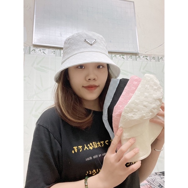 Muc bucket kaki xốp dập caro logo tam giác - Mũ vành cụp nam nữ