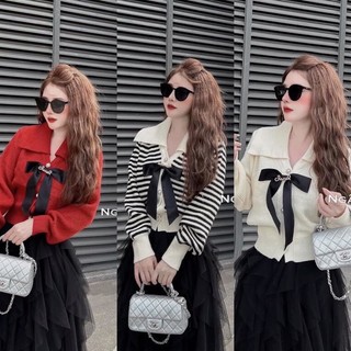 Áo len cổ bẻ 3 màu kèm tag nơ chaleo