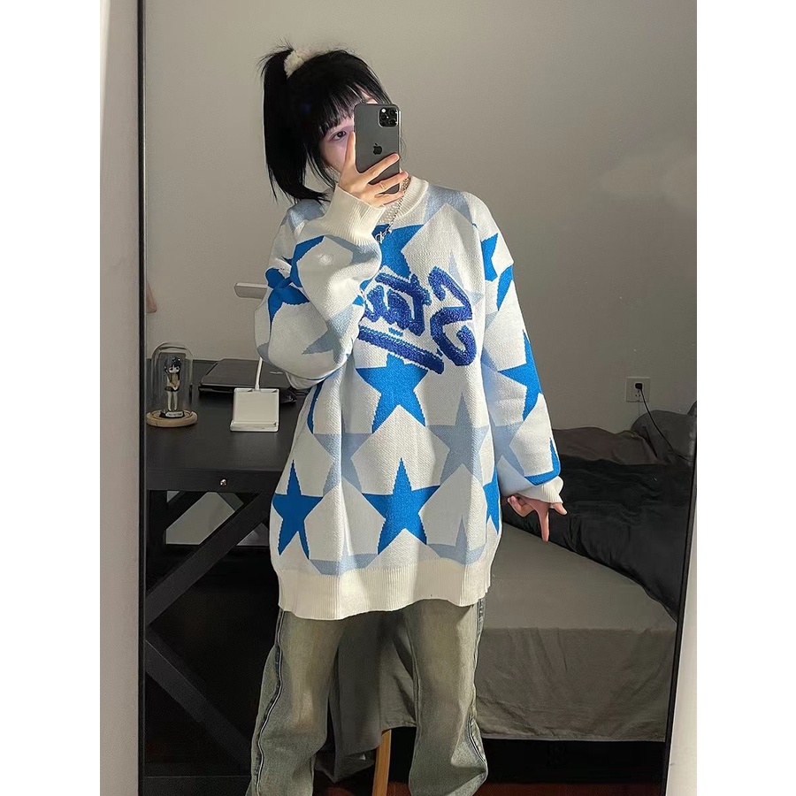 Áo Sweater Dệt Kim Cổ Tròn Dáng Rộng In Hình Ngôi Sao Thời Trang Thu Đông Hàn Quốc Cho Nữ