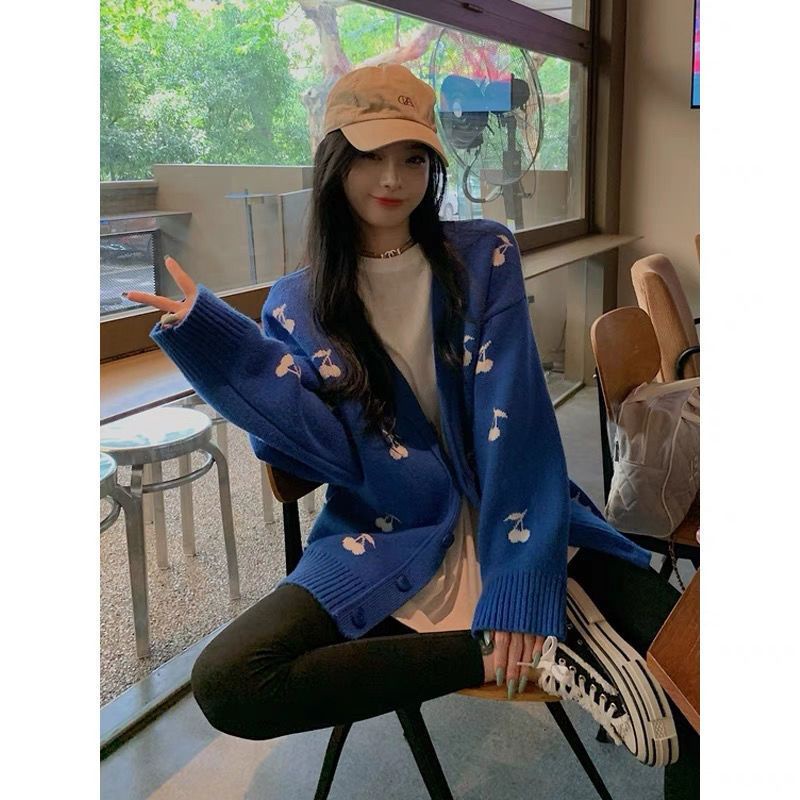 Cardigan họa tiết cherry anh đào màu / xanh biển chất mịn