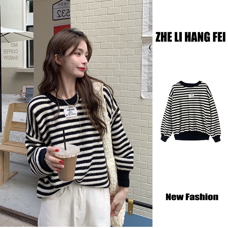 ZHELIHANGFEI Áo Len Tay Dài Form Rộng Họa Tiết Sọc Theo Phong Cách Phương Tây Dễ Phối Đồ
