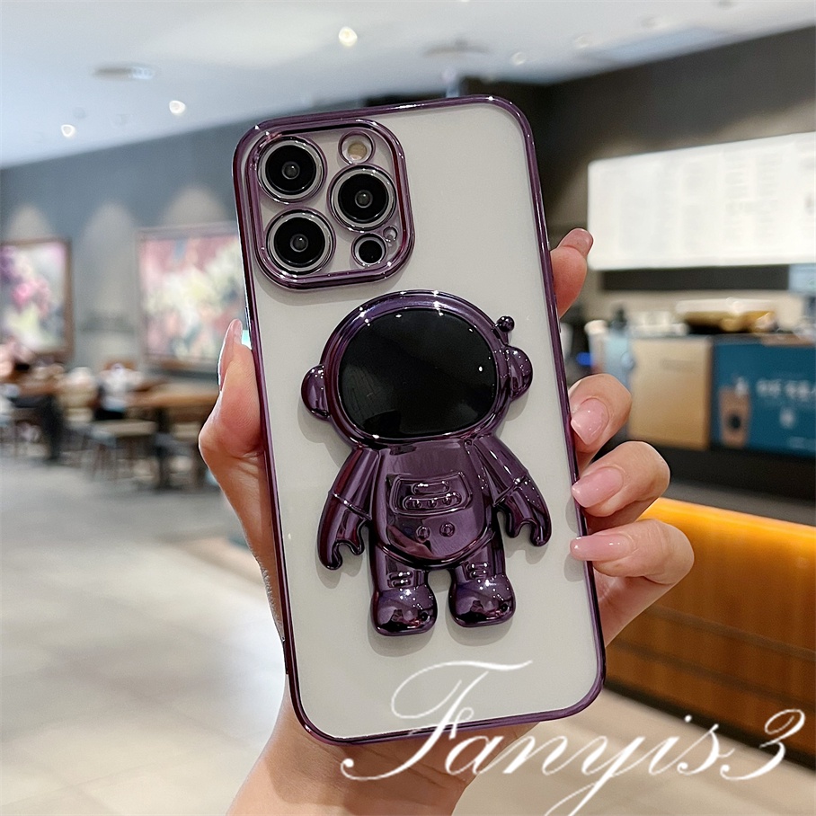 Ốp Điện Thoại Dẻo Họa Tiết Phi Hành Gia Kèm Giá Đỡ Mạ Điện Cho iPhone 14 13 12 11 Pro Max X XR Xs Max 8 7 Plus SE 2020