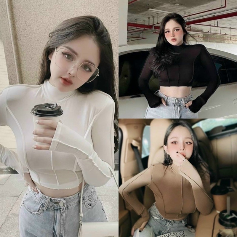 ÁO THUN GIẤY LEN GÂN DÁNG NGẮN SEXY CỔ CAO MS11467
