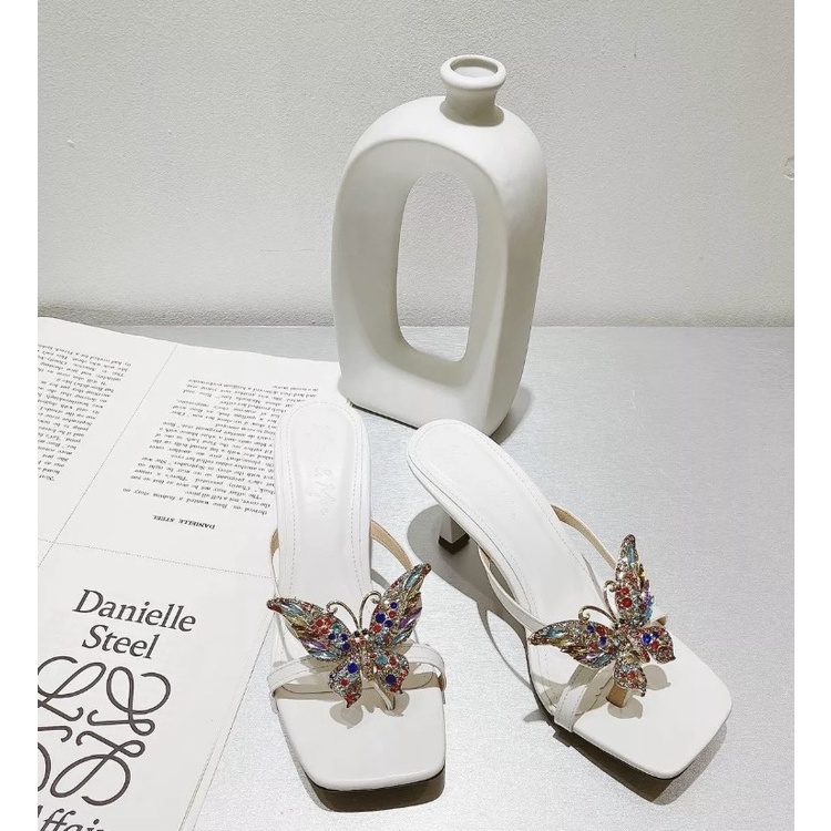 Guốc nữ gót nhọn mũi vuông quai dây tag bướm cao gót 5 phân bigsize G016