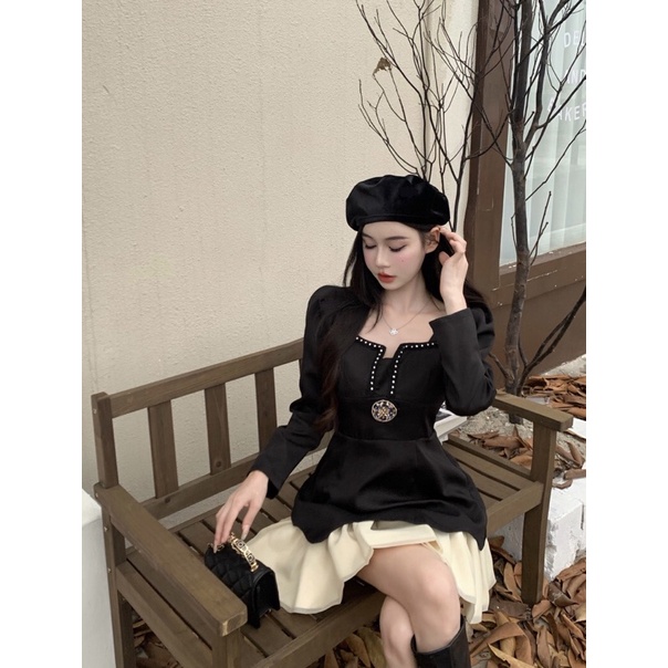 Váy Đầm Thiết Kế Nữ Ngắn Kiểu Pháp Hepburn Tay Dài Màu Đen Phối Với Váy Xoè Màu Kem Sang Trọng Tiểu Thư Hàng Quảng Châ