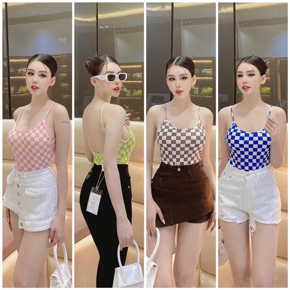 Áo 2 dây croptop phối màu caro hở lưng có mút ngực cực xinh , chất thun gân mềm mịn
