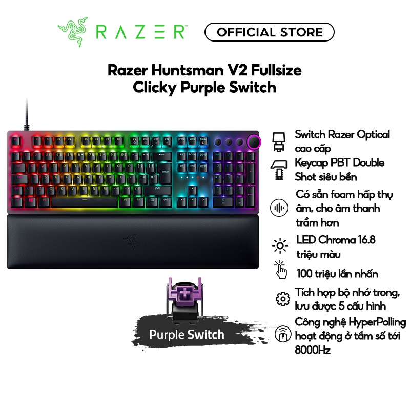 Bàn phím cơ có dây Razer Huntsman V2 Tenkeyless Và Fullsize | Kèm kê tay |  Led RGB | 100 triệu lần nhấn | Keycap PBT