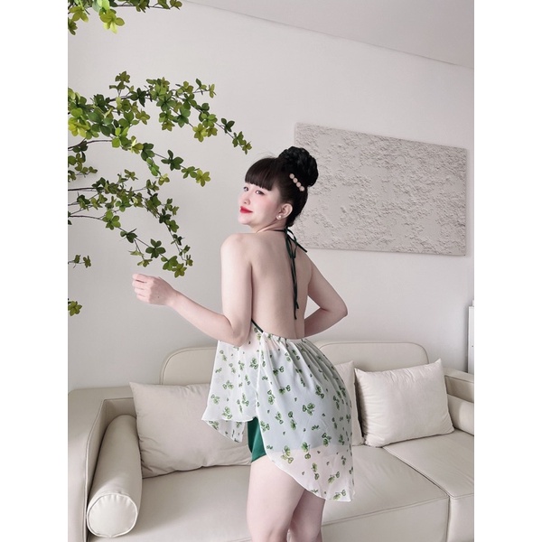 Đồ ngủ sexy nữ SOJUN Bộ yếm Voan cột nơ quần satin phối áo voan size <65kg | BigBuy360 - bigbuy360.vn