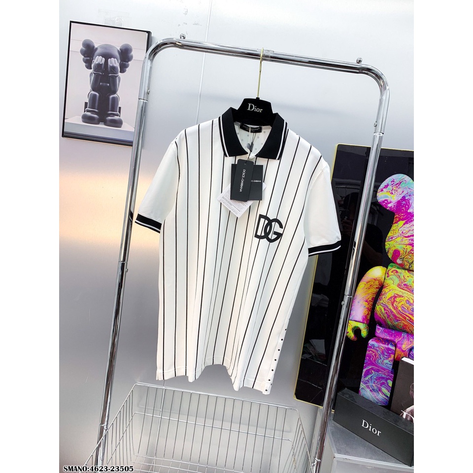 Áo Polo Nam DG Logo Trắng Chất Cotton Lạnh - Áo Phông Cổ Bẻ Nam DG Viền Dọc Siêu Hot