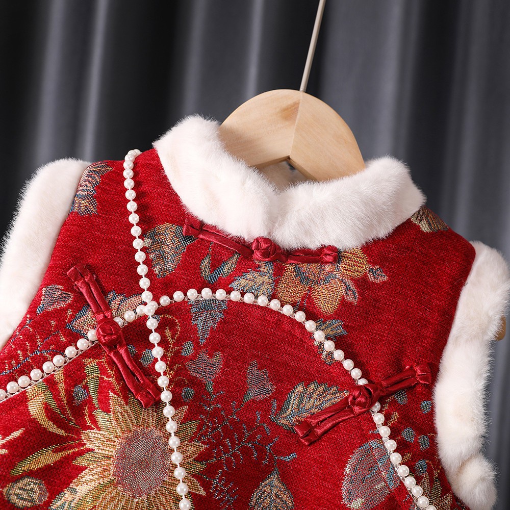 Đầm Sườn Xám May Chần Dày Dặn Phong Cách Trung Hoa Mừng Năm Mới Cho Bé Gái