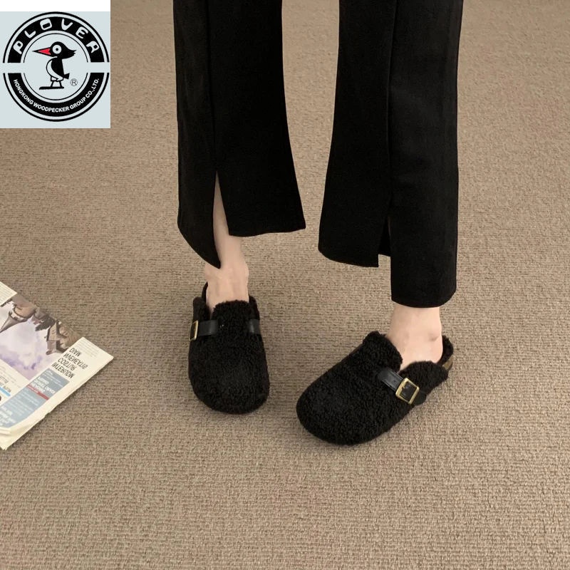 Dép Bít Mũi Phối Lông Xù Phong Cách Hàn Quốc Thời Trang Thu Đông Mới Dành Cho Nữ