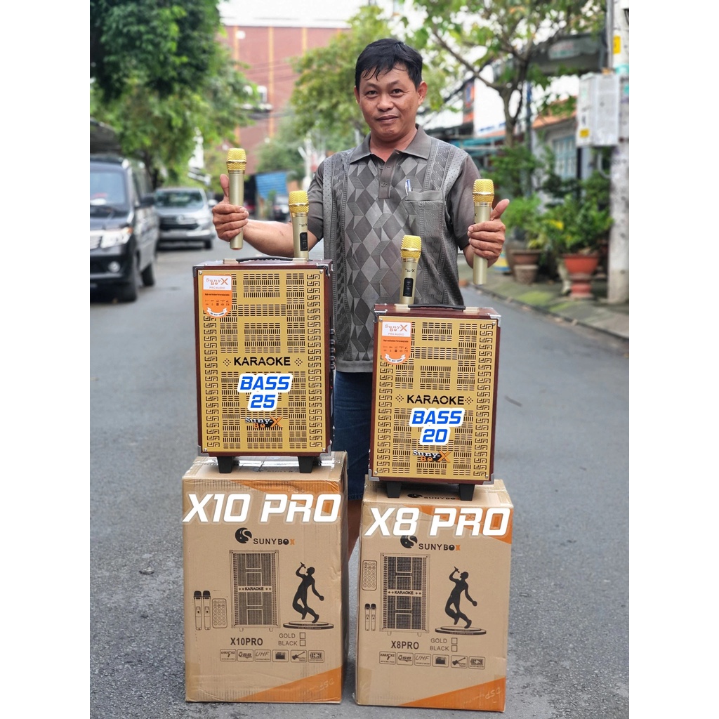 Loa kéo karaoke di động SUNYBOX X8 Pro,bass 20cm siêu trầm tặng kèm thêm 2 Micro không dây. Bảo hành 12 tháng