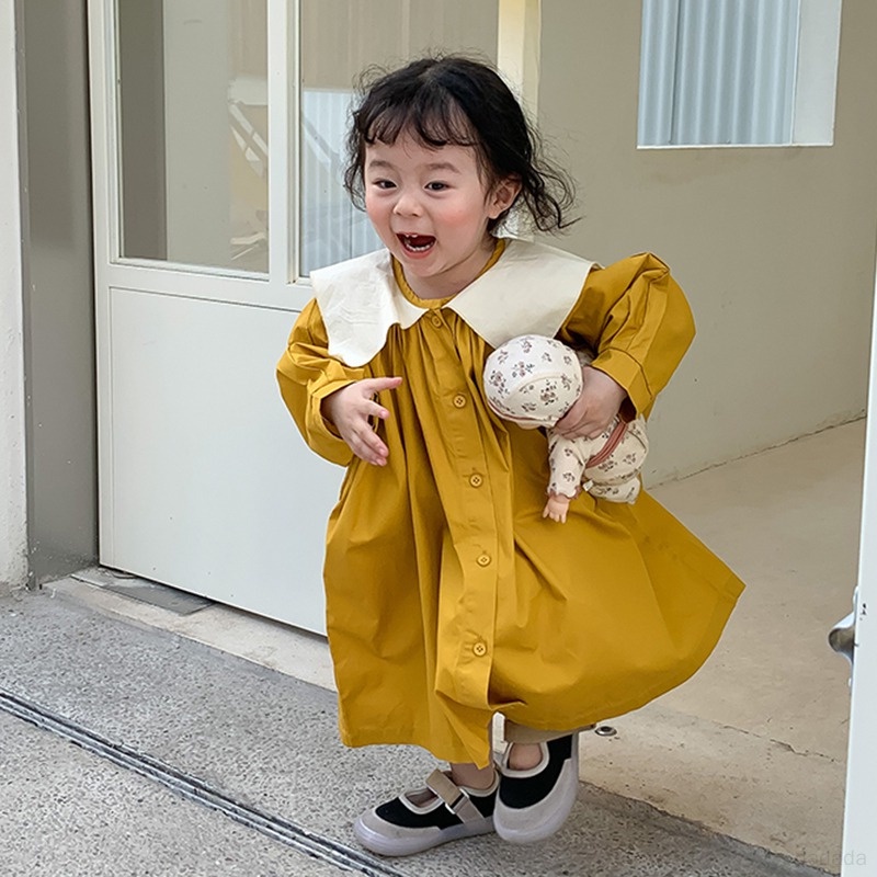 Đầm Tay Phồng Chiết Eo Chất Liệu Thân Thiện Với Da Thoáng Khí Thời Trang Xuân Thu Cho Bé Gái Từ 3