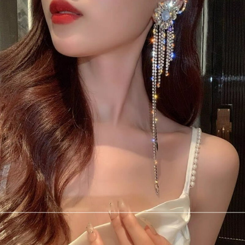 1 Bông Tai Dài Tua Rua Đính Đá Zircon Màu Bạc Thời Trang Dành Cho Nữ
