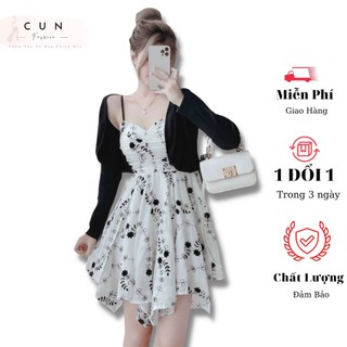 Sét đầm 2 dây họa tiết kèm áo khoác lửng kiểu dáng hàn quốc cho nàng thơ