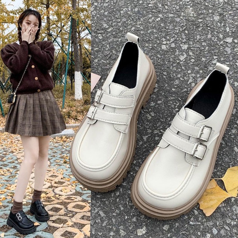 Giày Lười Da Đế Dày Qiayiluo Phong Cách Anh Quốc Cho Nữ