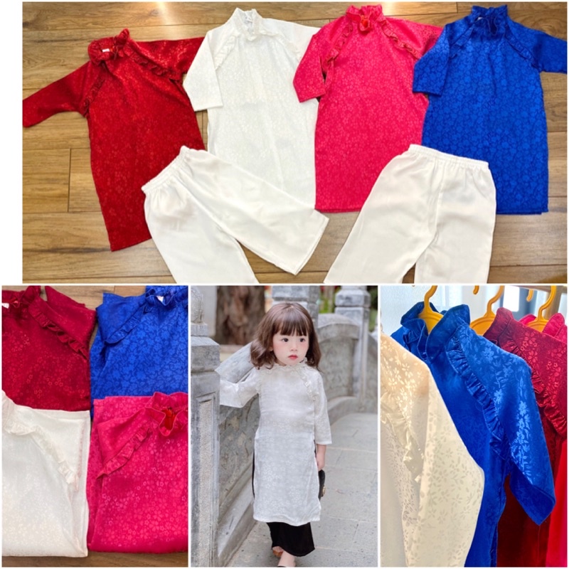 Áo dài gấm lụa vân hoa bé gái 8-33kg kèm quần trắng