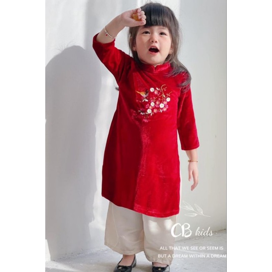 Áo dài cách tân bé gái thêu hoa chất nhung mềm mại 2 chi tiết