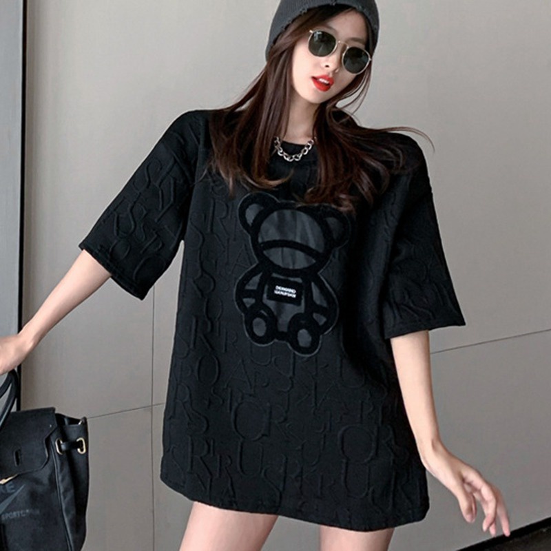 Áo Thun Tay Ngắn Cổ Tròn Thêu Hình Gấu Dễ Phối Đồ Thời Trang Cho Nữ