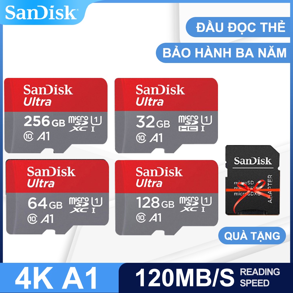 Thẻ nhớ sandisk 32GB/64GB/128GB/256GB dùng điện thoại, máy ảnh - Thẻ nhớ tốc độ cao Class10 Ultra SDHC microsd 120MB/s