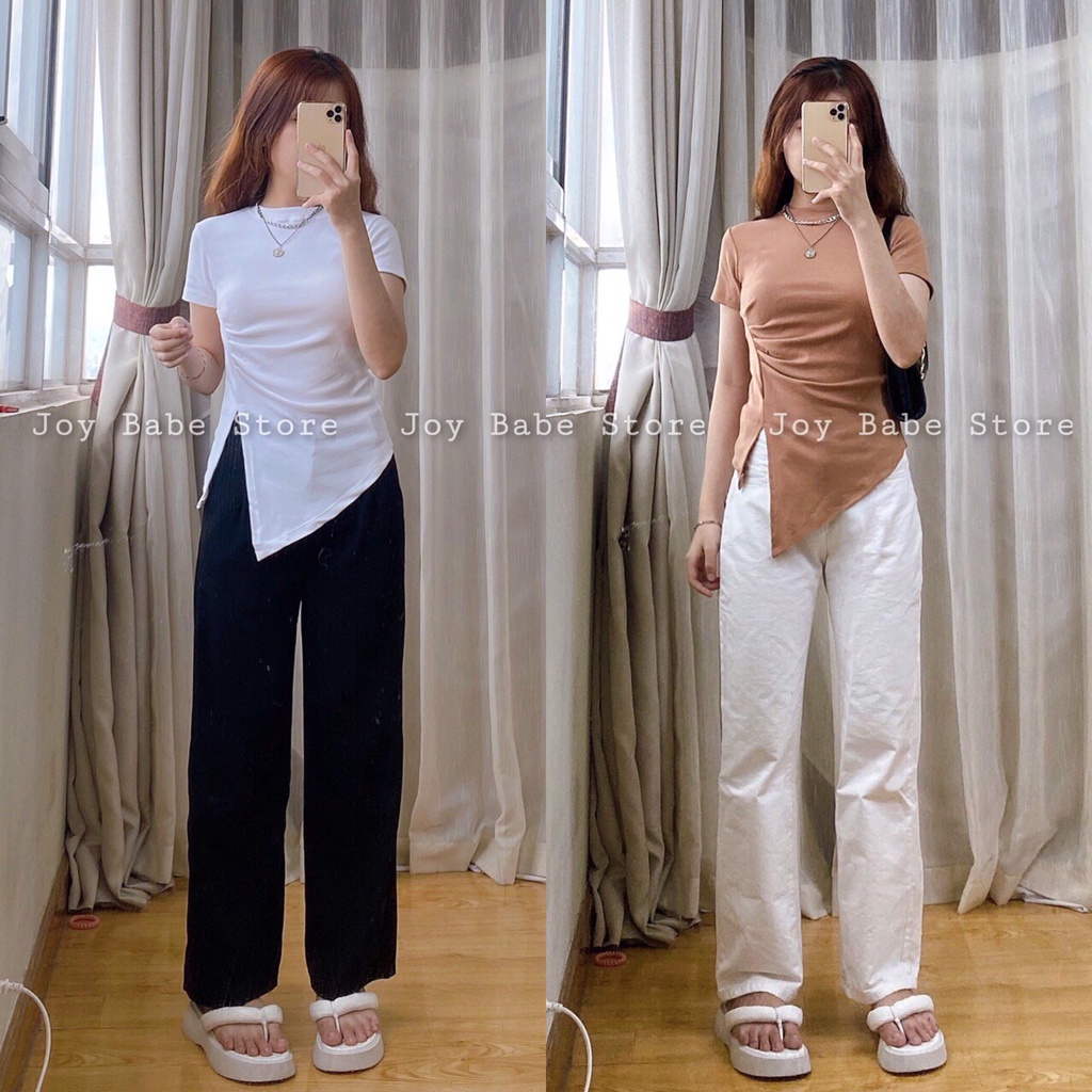 Áo thun nữ cổ tròn xếp ly nhún eo 💛 JOY BABE 💜 áo xẻ tà 💟 sớ vải xịn co giãn 4 chiều, tay ngắn ôm body ATON 6 -3B