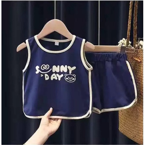 Quần áo bé trai, đồ bộ hè ba lỗ sát nách cộc cho bé in chữ sunny day cực xinh chất cotton co giãn thoáng mát - BE KOREA
