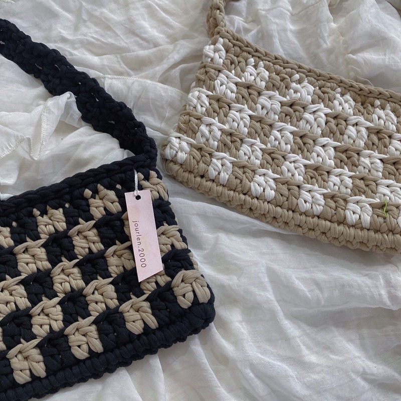 CHECKERED BAG, TÚI CARO LEN MÓC SỢI VẢI MẪU MỚI