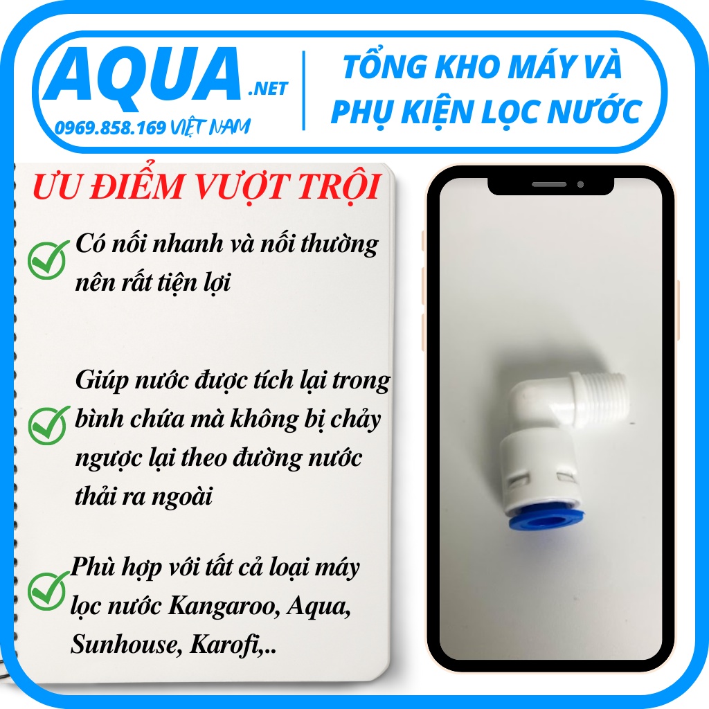 Van 1 chiều, van co vuông của máy RO 1 đầu ren 10-1 đầu dây 6