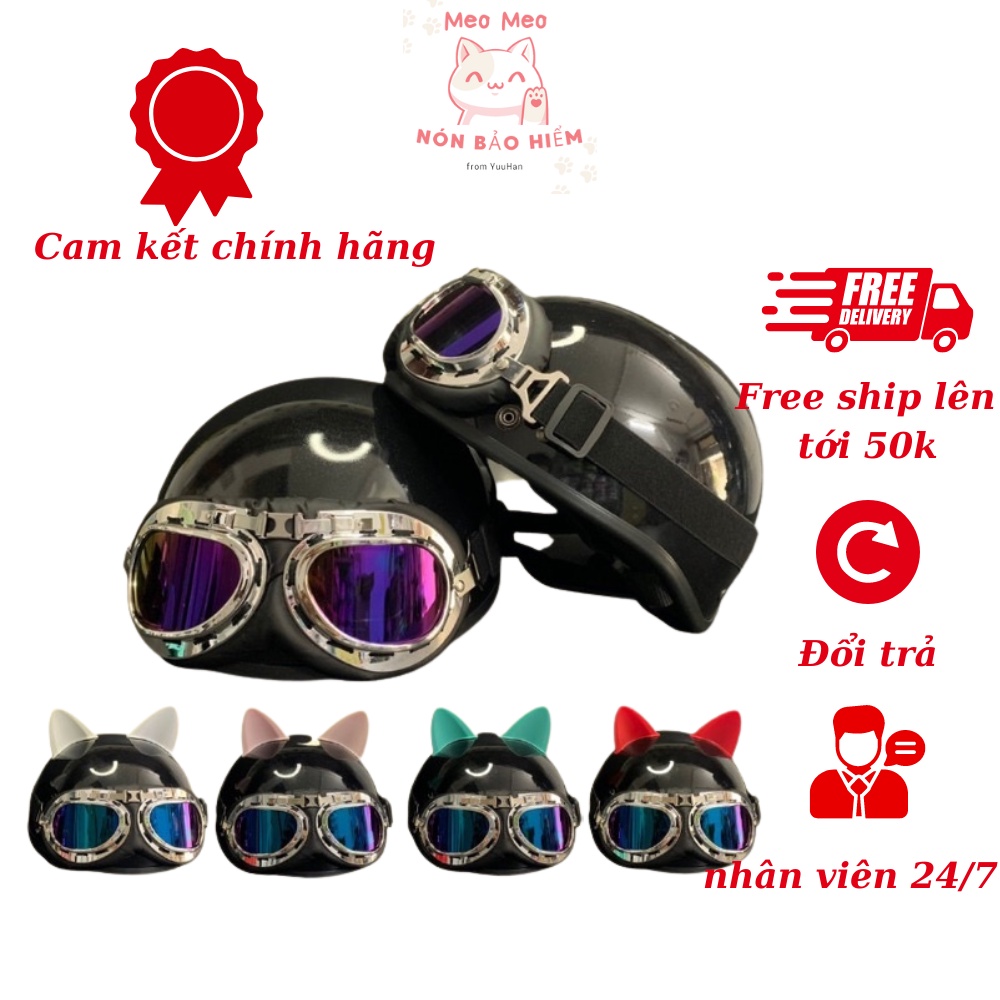 Mũ Bảo Hiểm Nửa Đầu Kính Phi Công Màu Đen Bóng, Nón Bảo Hiểm 1/2 Đầu, Nón Bảo Hiểm Tai Mèo Đa Dạng Màu Sắc