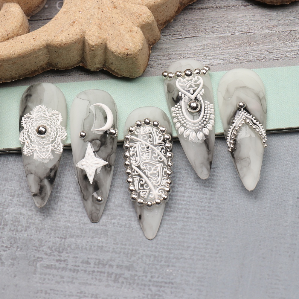 Miếng Dán Trang Trí Móng Tay 5D Họa Tiết Ren Trắng Nâu Ngôi Sao Mặt Trăng Trượt Saw-5D