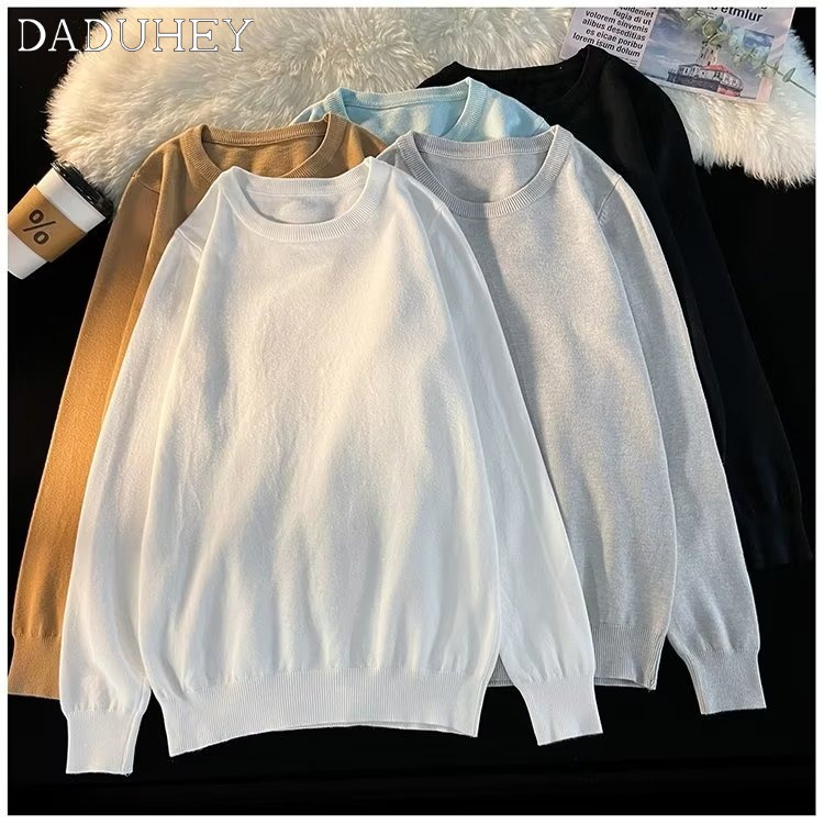 DaDuHey 2022 New Ins Hong Kong Style Solid Color Knitwear Sweater Men's Trendy Simple Couple Sweater Top