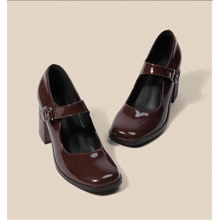 Giày búp bê guốc vintage trơn bóng siêu xinh phong cách cổ điển