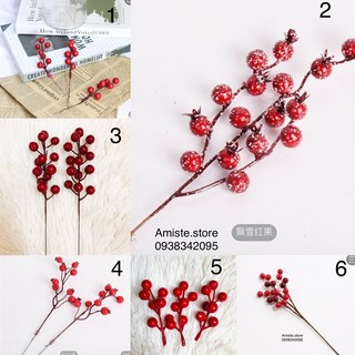 2 Cành quả cherry đỏ giáng sinh, cành quả mọng phủ tuyết trang trí cây thông, phụ kiện handmade