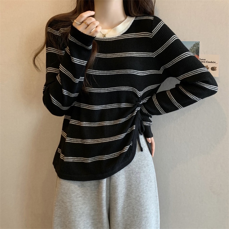 ZHELIHANGFEI Áo Sweater Tay Dài Kẻ Sọc Phối Dây Rút Cá Tính Thời Trang