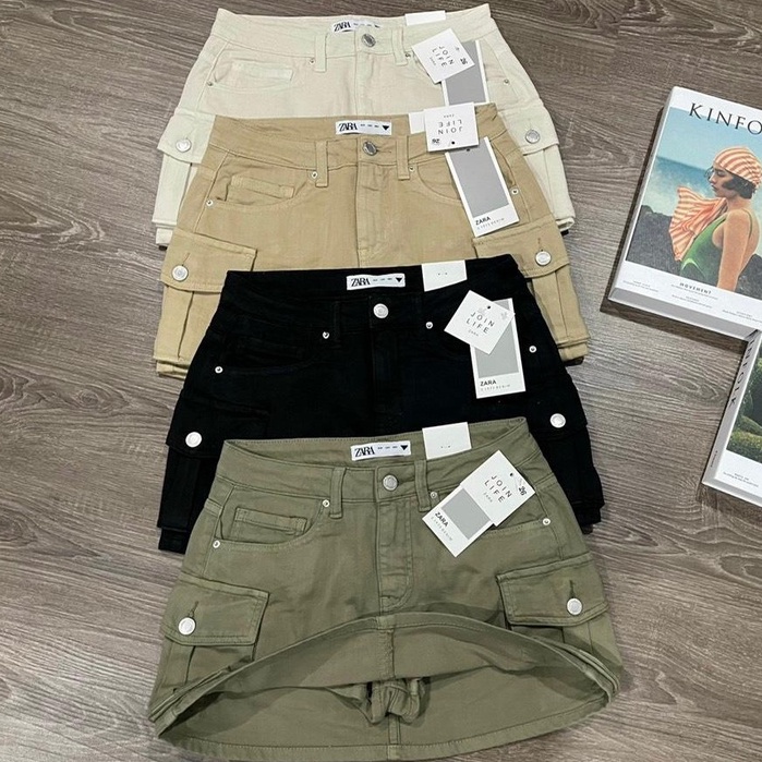 Chân váy jeans ZR túi hộp 2 bên có quần bảo hộ nhiều tone màu Rêu - Đen - Vàng Kaki - Trắng Vani