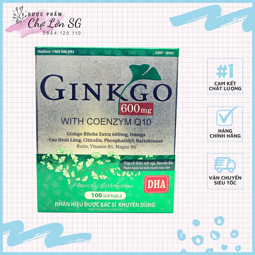 Hoạt huyết dưỡng não GINKGO 600 NATURAL WITH COENZYM Q10 giúp tăng tuần hoàn não  - Hộp 100v