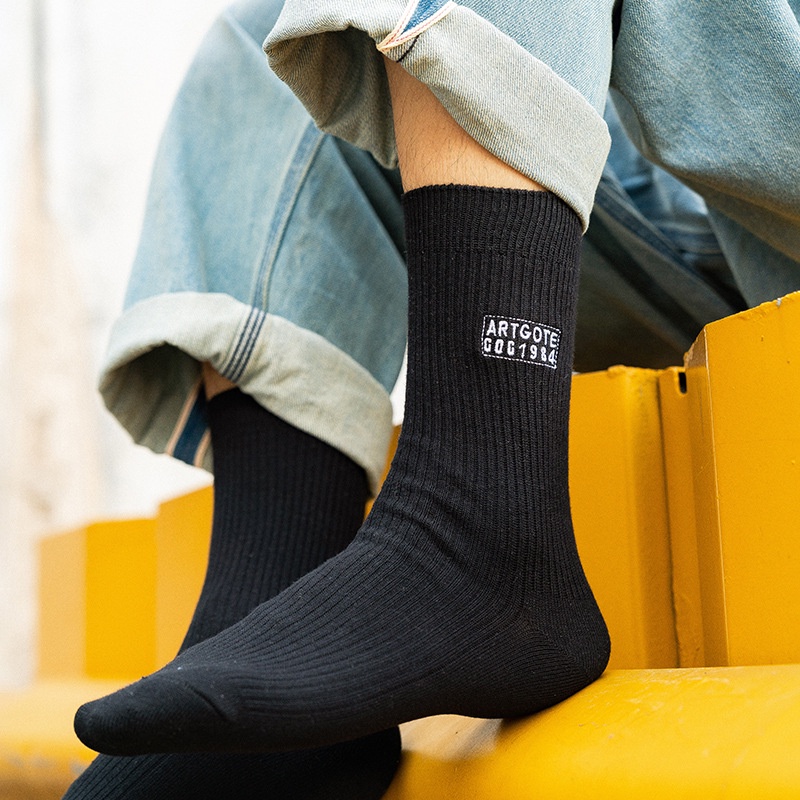Vớ Cotton Cổ Cao Vừa Thêu Chữ Phong Cách Hàn Quốc Độc Đáo Thời Trang Thu Đông Cho Nam
