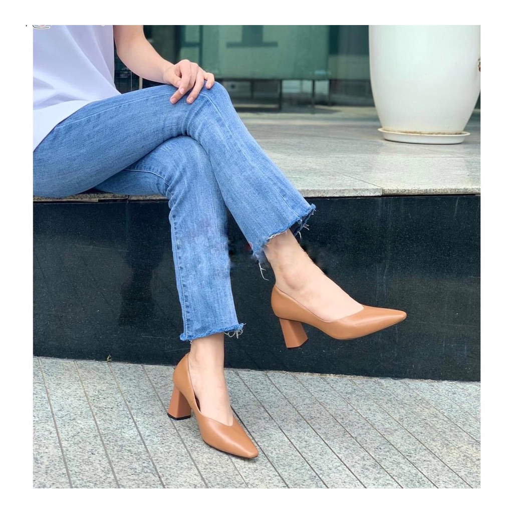 Giầy Nữ Mũi Nhọn Gót Trụ Cao 5cm Da Thật VNXK