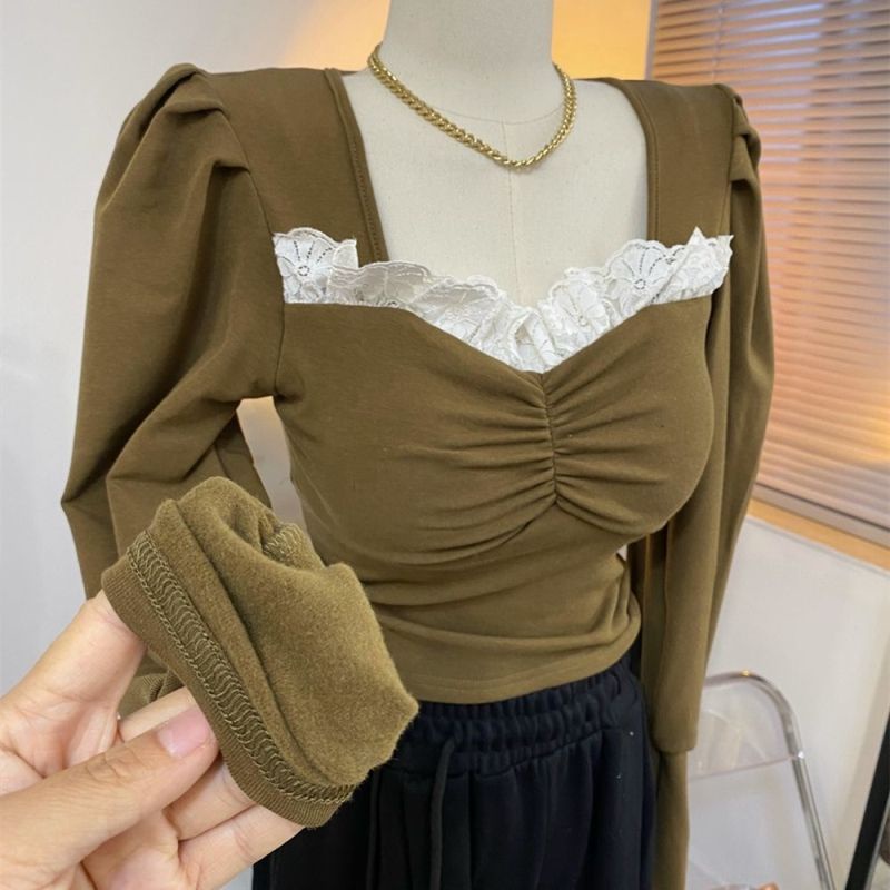 Plus Áo Thun Tay Phồng Cổ Vuông Phối Ren Thời Trang Thu Đông Cho Nữ