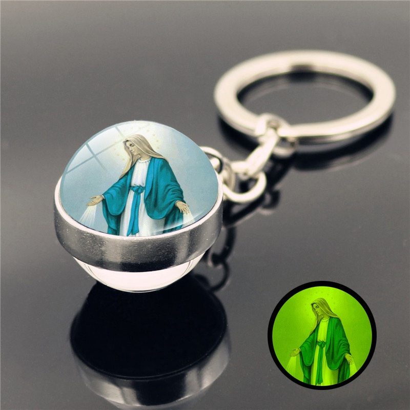 Móc Khóa Quả Cầu Thủy Tinh Cabochon Hai Mặt Phát Sáng Trong Bóng Tối In Hình Chúa Jesus
