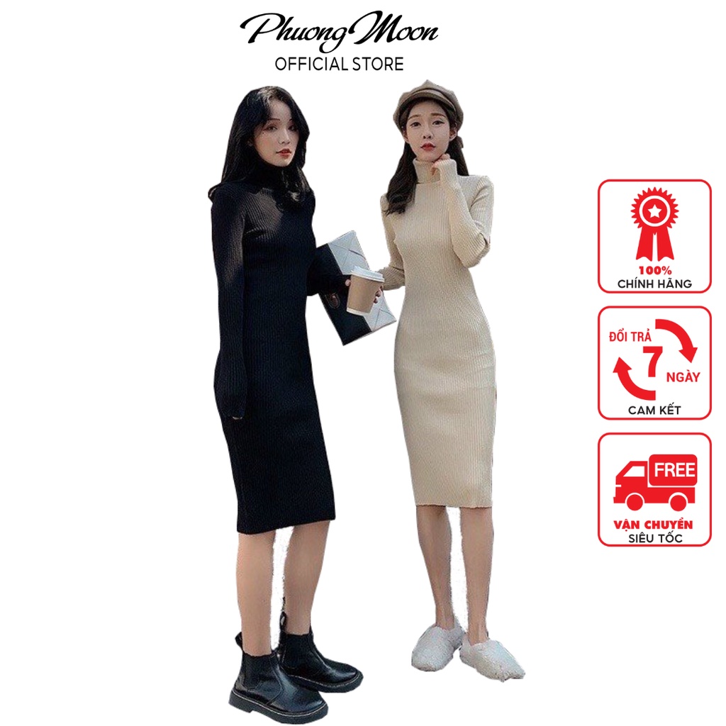Váy len body PHUONGMOON, chất liệu len tăm dày dặn cổ cao