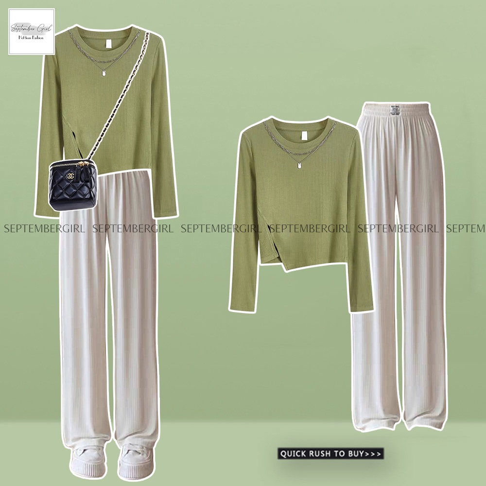 Đồ bộ nữ SEPTEMBER áo thun cổ tròn dài tay kết hợp quần culottes ống rộng logo - TOP 002C + QUAN 002